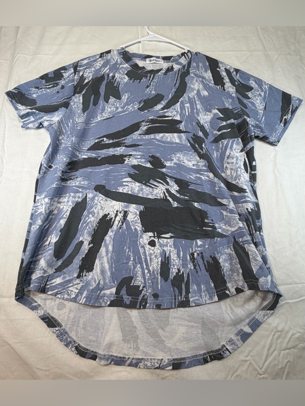 Kuegou 80s style Abstract Brushstroke Short-Sleeve Tee — Blue & Black